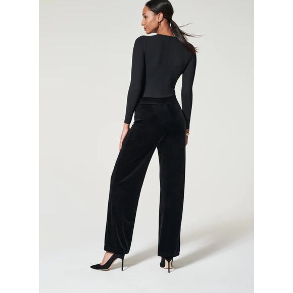 Spanx Black Velvet Split Hem Wide Leg Pant Pull On Women’s L Shaping Slimming - Picture 3 of 10